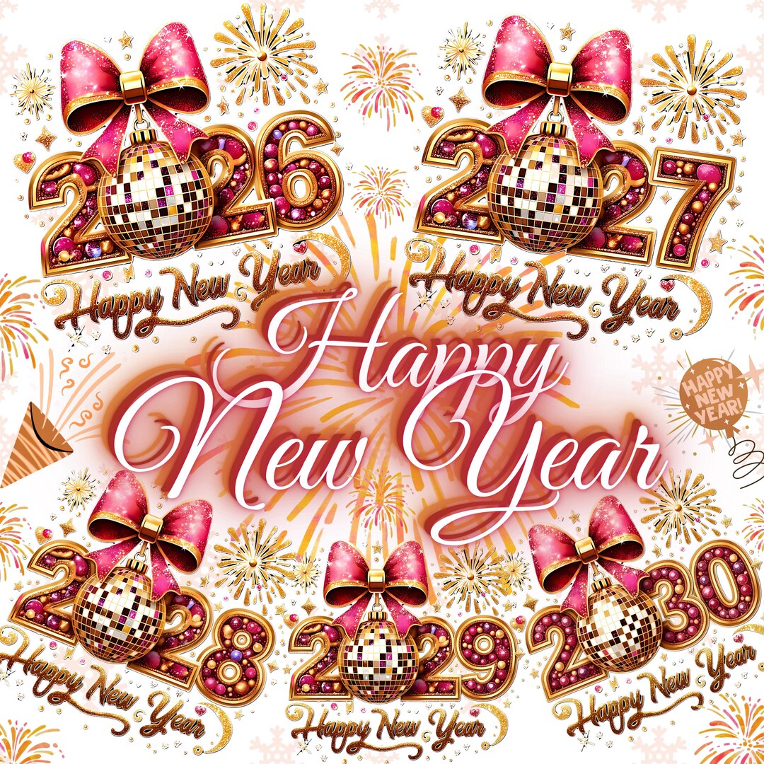 Happy New Year Png Bundle, Gold Glitter New Year Png, Pink Coquette Bow ...