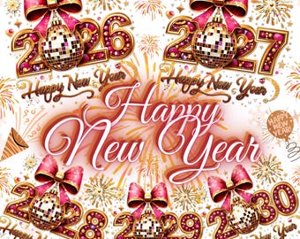 Happy New Year Png Bundle, Gold Glitter New Year Png, Pink Coquette Bow New Year Png, New Years Shirt Png, Girly New Year Sublimation design