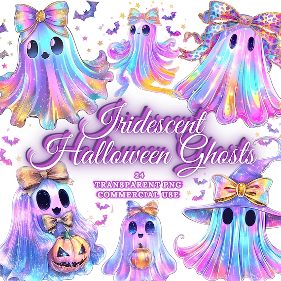 Glitter Iridescent Ghost PNG Bundle Coquette Halloween Ghost Clipart, Pink Ghost Sublimation Designs, Cute Girly Spooky Ghost Shirt Design