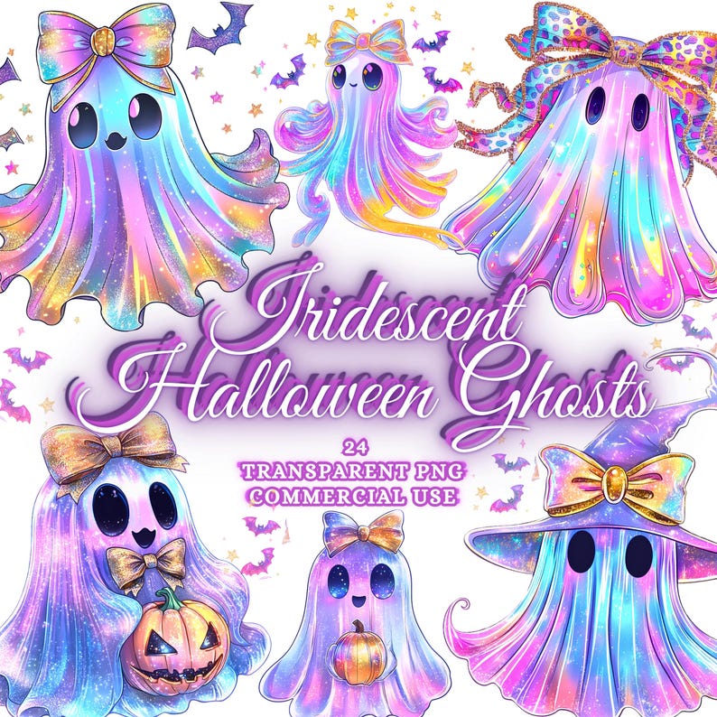 Op de afbeelding: Een verzameling iriserende Halloween-geestillustraties in verschillende poses. De geesten zijn in tinten paars, blauw en goud, met strikken en sommigen houden pompoenen vast. De tekst "Iridescent Halloween Ghosts" en "24 Transparent PNG Commercial Use" is ook zichtbaar.