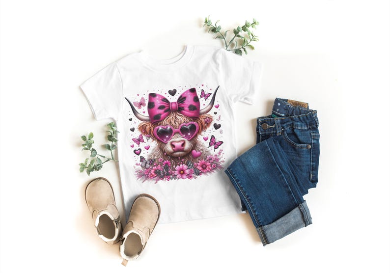 May include: White t-shirt with a pink and black Highland cow wearing pink heart-shaped sunglasses and a pink bow. The cow is surrounded by pink flowers and butterflies.
