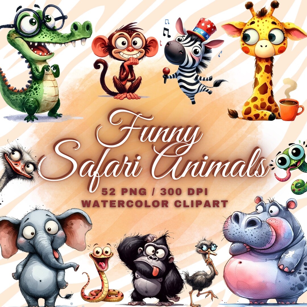 52 Cute & Funny Safari Animals Clipart Bundle, Quirky Funny Jungle