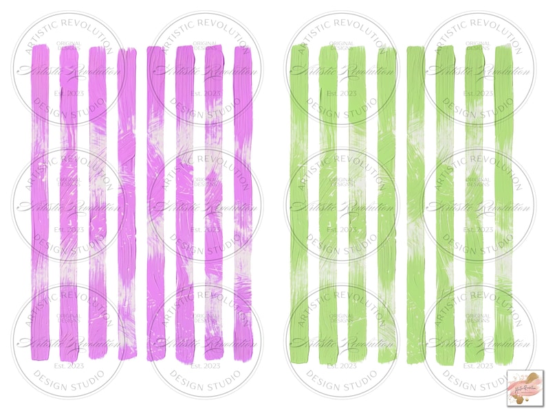 May include: Two sets of vertical brushstroke stripes in light purple and light green. Each set has six stripes. The background is white. The image contains circular text that reads "ARTISTIC REVOLUTION DESIGN STUDIO EST. 2023".