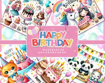 Puede incluir: Un conjunto de diez fondos de acuarela digitales con animales lindos, pasteles y globos. Los fondos son perfectos para tarjetas de cumpleaños, invitaciones y otros proyectos de celebración. El texto "Happy Birthday" aparece en el centro de la imagen.