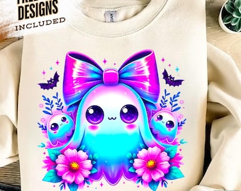 Coquette Iridescent Ghost PNG Coquette Halloween Sublimation Design Carino Ragazza Stagione Spettrale Retro Neon Grafica Download Digitale per Magliette