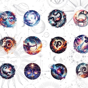 May include: Watercolor illustrations of the twelve zodiac signs. Each sign is depicted within a circular frame, featuring vibrant colors and celestial elements. The signs include Aries, Taurus, Gemini, Cancer, Leo, Virgo, Libra, Scorpio, Sagittarius, Capricorn, Aquarius, and Pisces.