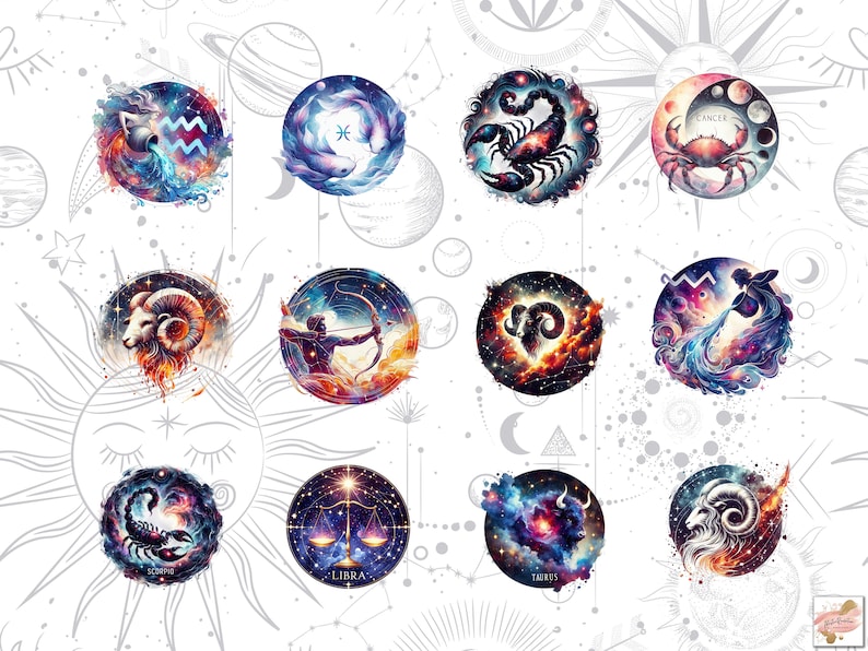 May include: Watercolor illustrations of the twelve zodiac signs. Each sign is depicted within a circular frame, featuring vibrant colors and celestial elements. The signs include Aries, Taurus, Gemini, Cancer, Leo, Virgo, Libra, Scorpio, Sagittarius, Capricorn, Aquarius, and Pisces.