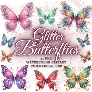 51 Pacote de clipart de borboletas em aquarela, borboletas brilhantes, clipart de borboletas florais, borboletas coloridas png, borboletas botânicas