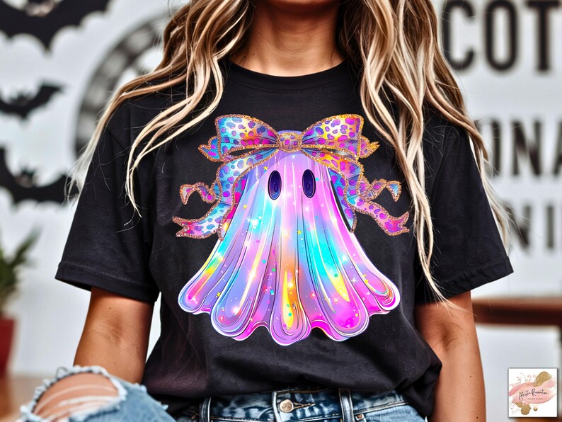 Op de afbeelding: Zwart t-shirt met een kleurrijk spookontwerp en een strik. Het spook is in tinten paars, blauw en roze, met een bijpassende strik. Het ontwerp is waarschijnlijk voor Halloween of een vergelijkbare feestdag.