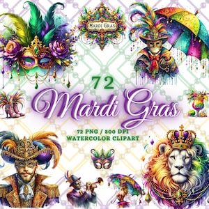 72 Watercolor Mardi Gras Clipart PNG Bundle King Cake Clipart Masquerade Clip Art Fleur de lis Graphics Happy Mardi Gras Png Carnival Png