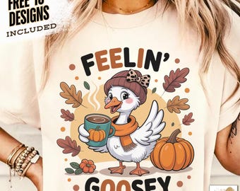 Ganso de otoño PNG, divertido y acogedor ganso amante del café Camiseta de ganso de otoño PNG, lindo diseño de animales de otoño para camisetas, sublimación de otoño PNG, otoño PNG