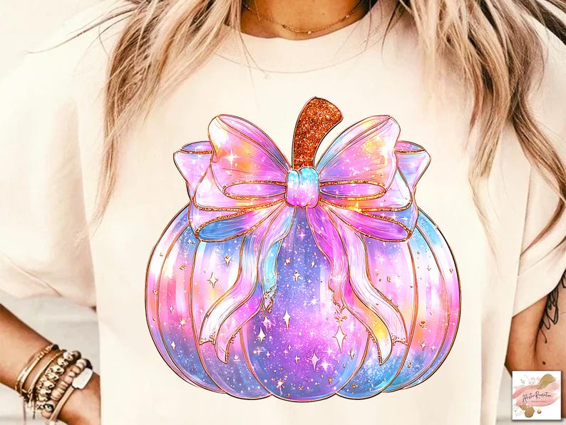 May include: A cream-colored t-shirt featuring a watercolor illustration of a pumpkin with a large, colorful bow. The pumpkin is a mix of purple, blue, and pink with gold accents and sparkles. The bow is a gradient of pink and purple.