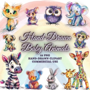 33 Hand-drawn Cute Animals Clipart Bundle, Baby Animals Clipart Bundle, Cute Animals Png Bundle, Animal Sublimation Png, Commercial Use Png