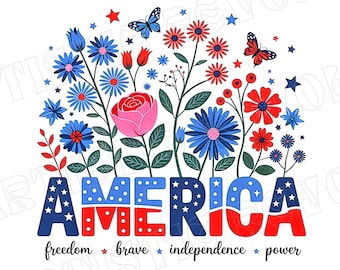 Floral America PNG, Floral Brushstroke USA Png, Retro America Png, 4th Of July PNG, 4th Of July Sublimation Design, Patriotic Png, Girly png