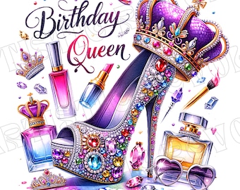 Glitter Birthday Queen Png Sublimation Design, Birthday Party Png, Girly Birthday Png, Sublimation Designs Download, Crown Birthday Girl Png