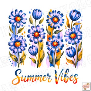 Pinceladas de verano PNG, Diseño floral de sublimación de verano, Acuarela de verano PNG, Diseño de camiseta de verano de moda, PNG floral de verano