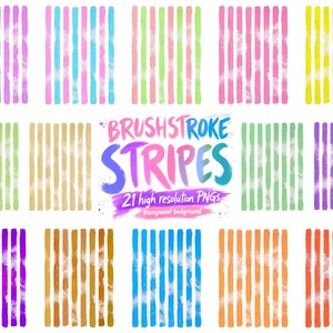 May include: A collection of 21 high-resolution PNGs featuring colorful brushstroke stripes. The stripes come in various colors, including pink, blue, green, yellow, and purple, with a transparent background. The text "BRUSHSTROKE STRIPES" is displayed in a vibrant, multi-colored font.