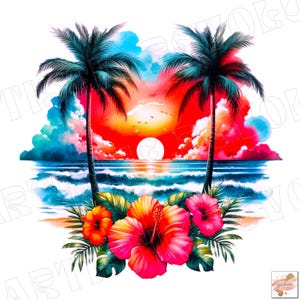 Summer Png, Beach Png, Palm Trees Png, Hibiscus Flowers Png, Beach Sunset Png, Sublimation Design, T-Shirt Design, Tropical Png, Summer DTF