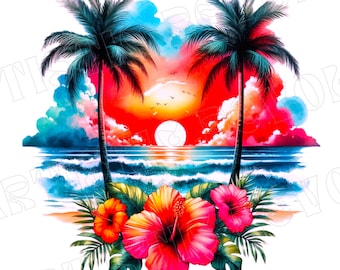 Summer Png, Beach Png, Palm Trees Png, Hibiscus Flowers Png, Beach Sunset Png, Sublimation Design, T-Shirt Design, Tropical Png, Summer DTF