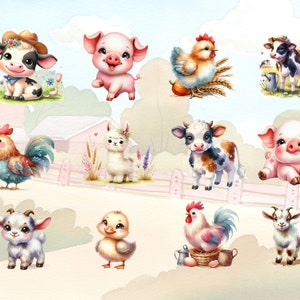 May include: A collection of cute cartoon farm animals, including a pig, cow, rooster, goat, duck, and chicken. The animals are all in various poses and have bright, colorful designs.