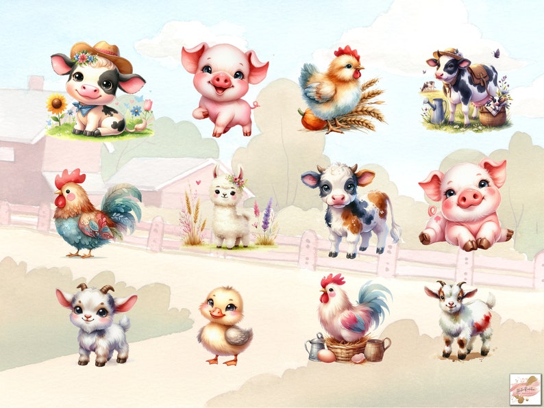 May include: A collection of cute cartoon farm animals, including a pig, cow, rooster, goat, duck, and chicken. The animals are all in various poses and have bright, colorful designs.