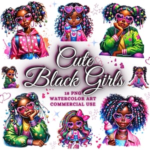黒人の女の子のクリップアートバンドル、かわいいアフリカ系アメリカ人の女の子、おしゃれな黒人の女の子のPNGグラフィックス、アフロガールのクリップアート、デニムガールの美しいアフロキッズ