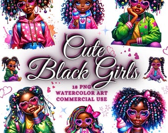 May include: Digital clipart set of 18 watercolor illustrations featuring cute Black girls with colorful hair, outfits, and accessories. The text "Cute Black Girls" is written in pink and purple letters with hearts and stars surrounding the text. The text "18 PNG Watercolor Art Commercial Use" is written in white letters on a pink background.