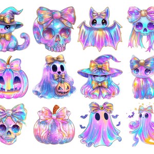 Puede incluir: Colecci&oacute;n de ilustraciones coloridas con tem&aacute;tica de Halloween. Las im&aacute;genes incluyen un gato, una calavera, un murci&eacute;lago, un fantasma y una calabaza, cada uno adornado con lazos y sombreros de bruja. La obra de arte presenta una paleta de colores iridiscentes.
