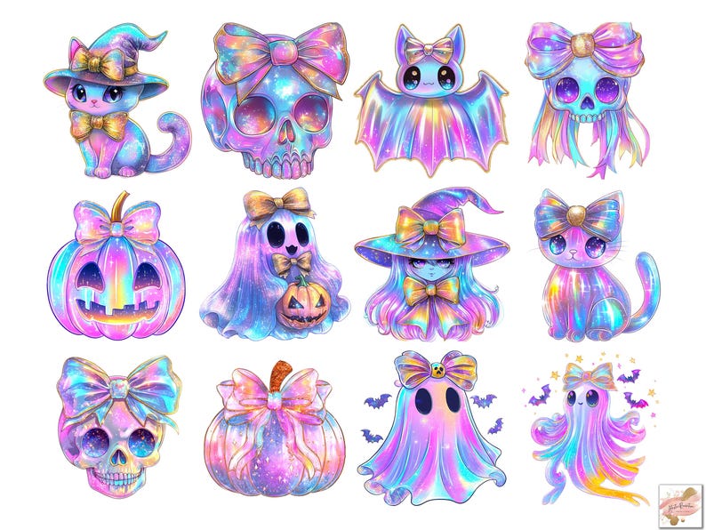Puede incluir: Colecci&oacute;n de ilustraciones coloridas con tem&aacute;tica de Halloween. Las im&aacute;genes incluyen un gato, una calavera, un murci&eacute;lago, un fantasma y una calabaza, cada uno adornado con lazos y sombreros de bruja. La obra de arte presenta una paleta de colores iridiscentes.
