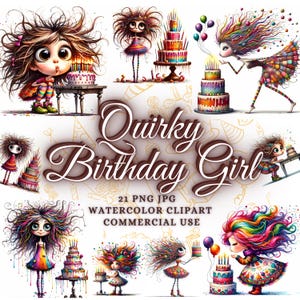 Quirky Birthday Cake Clip Art Watercolor Birthday Girl Png JPG Junk Journaling, Scrapbooking, Card Making, Fantasy, Whimsical Birthday
