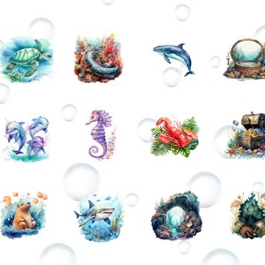 May include: A set of 12 watercolor illustrations featuring various sea creatures and underwater scenes. The illustrations include a sea turtle, a dolphin, a seahorse, a lobster, a shark, a treasure chest, a coral reef, and a seashell.