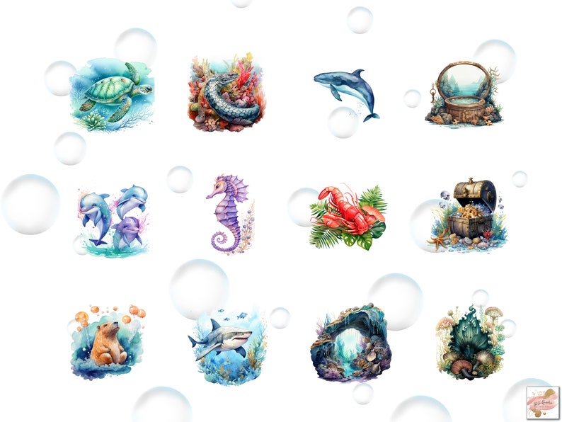 May include: A set of 12 watercolor illustrations featuring various sea creatures and underwater scenes. The illustrations include a sea turtle, a dolphin, a seahorse, a lobster, a shark, a treasure chest, a coral reef, and a seashell.