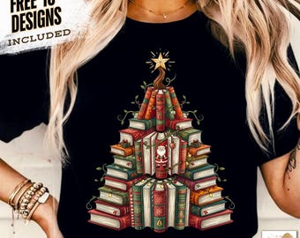 Book Christmas Tree PNG, Retro Reading Sublimation Design (Digital Download)