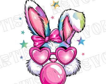 Pink Glitter Easter Bunny Coquette Png, Bunny blowing bubble gum png, Happy Easter png, Coquette Bunny png, Coquette Easter png, Kids Easter