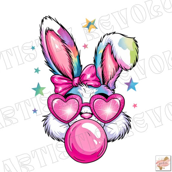 Pink Glitter Easter Bunny Coquette Png, Bunny blowing bubble gum png, Happy Easter png, Coquette Bunny png, Coquette Easter png, Kids Easter