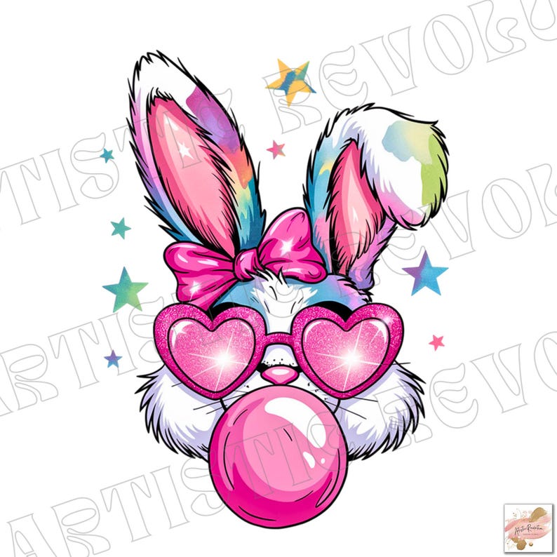 May include: A pink and blue bunny with rainbow-colored ears, wearing pink heart-shaped sunglasses and a pink bow. The bunny is blowing a pink bubble.