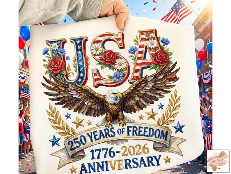 以下が含まれることがあります： 赤、白、青で「USA」の文字が描かれた愛国的なデザイン。花と翼を広げたワシが飾られています。「250年の自由」を1776年から2026年まで祝い、星とバナーが描かれています。