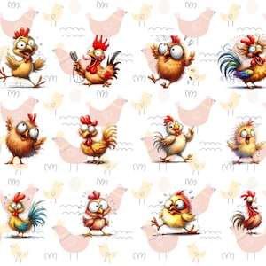May include: A repeating pattern featuring cartoon chickens in various poses and expressions. The chickens are primarily yellow, orange, and red, with white and pink accents. The background is white with light pink chicken and egg silhouettes.