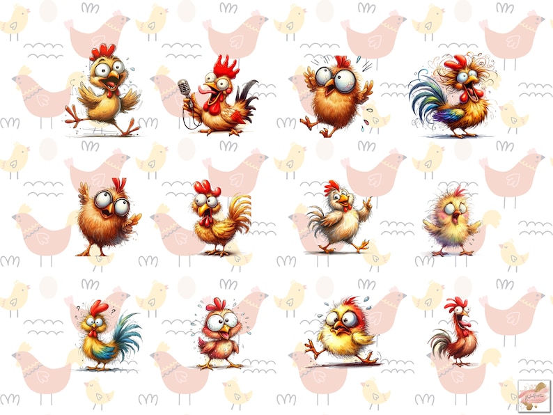 May include: A repeating pattern featuring cartoon chickens in various poses and expressions. The chickens are primarily yellow, orange, and red, with white and pink accents. The background is white with light pink chicken and egg silhouettes.