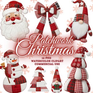 May include: A collection of Christmas-themed patchwork designs. Includes Santa Claus, a snowman, a gnome, a Christmas tree, and a bow, all in red and white plaid patterns. The text "Patchwork Christmas" is displayed.