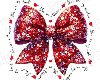 Red Glitter Valentine Coquette Bow PNG, Retro Valentine's Sublimation Design, Happy Valentine's Day Gift, Sequin Valentine Bow Heart Png