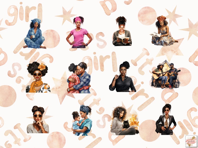 May include: Watercolor illustrations of Black women in various settings. The images include women reading, playing guitar, hugging, and enjoying leisure activities. The background features the word "girl" and star shapes in a soft, neutral color palette.