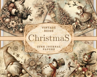 Beige Vintage Christmas Junk Journal Kit Printable Journal Pages, Mixed Media Digital Papers, Christmas Rustic Junk Journal Ephemera Papers
