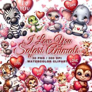 Bundle de cliparts mignons bébés animaux Safari, 25 cliparts animaux Safari, bébés animaux Safari Png, lot de cliparts Saint-Valentin Clipart animaux de la jungle