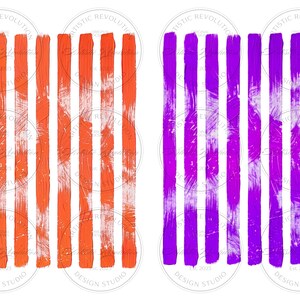 May include: Two abstract art pieces featuring vertical brushstrokes. One displays orange strokes, the other purple. Both have a white background and the text "ARTISTIC REVOLUTION DESIGN STUDIO EST 2023".