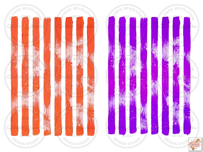May include: Two abstract art pieces featuring vertical brushstrokes. One displays orange strokes, the other purple. Both have a white background and the text "ARTISTIC REVOLUTION DESIGN STUDIO EST 2023".
