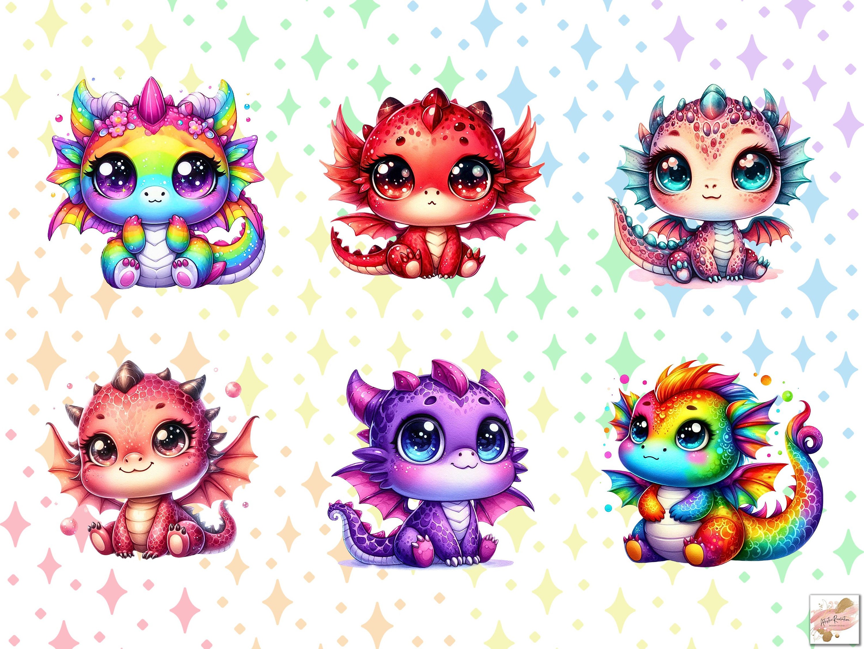 Watercolor Baby Dragons Clipart Bundle, Cute Baby Dragon Png, Kawaii ...