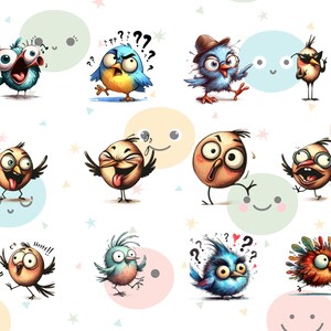 Puede incluir: Una colecci&oacute;n de p&aacute;jaros de dibujos animados con expresiones exageradas. Los p&aacute;jaros son de varios colores, incluyendo azul, naranja y marr&oacute;n, y est&aacute;n sobre un fondo blanco con c&iacute;rculos y estrellas pastel. Algunos p&aacute;jaros tienen signos de interrogaci&oacute;n sobre sus cabezas.