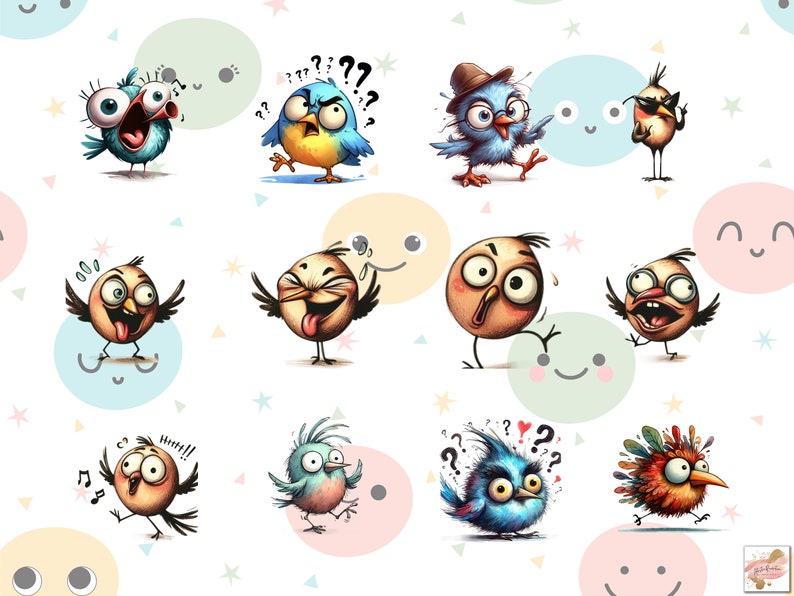 Puede incluir: Una colecci&oacute;n de p&aacute;jaros de dibujos animados con expresiones exageradas. Los p&aacute;jaros son de varios colores, incluyendo azul, naranja y marr&oacute;n, y est&aacute;n sobre un fondo blanco con c&iacute;rculos y estrellas pastel. Algunos p&aacute;jaros tienen signos de interrogaci&oacute;n sobre sus cabezas.