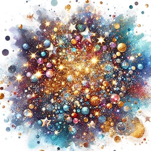 May include: An abstract watercolor design featuring a burst of sparkling gold glitter, stars, and colorful orbs. The artwork has a white background and a mix of blue, purple, and red hues, creating a festive and celebratory feel.